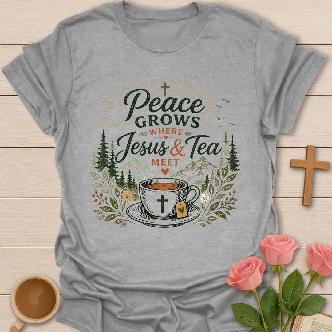 Peace Grows shirt with florals, cross, and cream vintage lettering. - Sport Grey