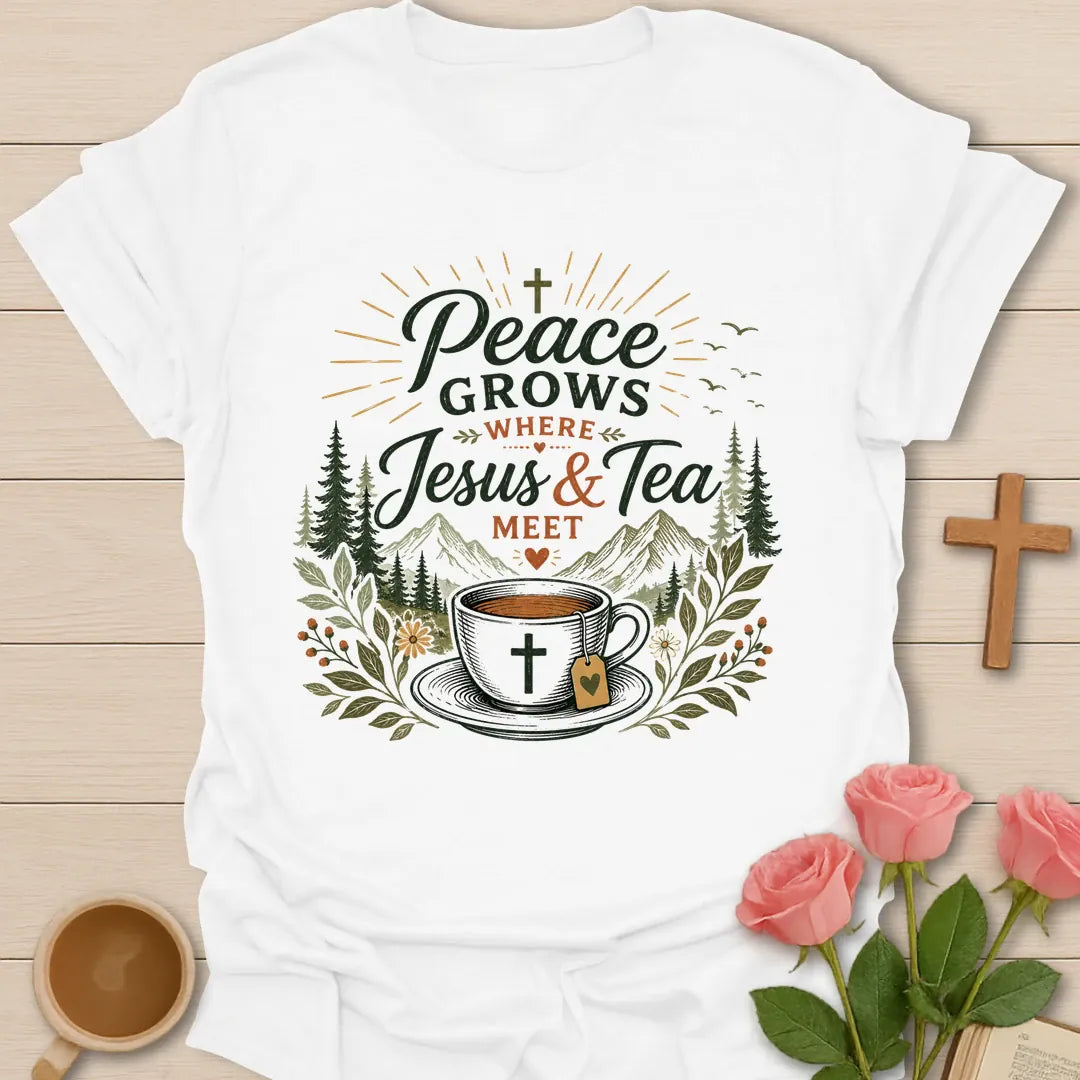 Peace Grows shirt with florals, cross, and cream vintage lettering. - White