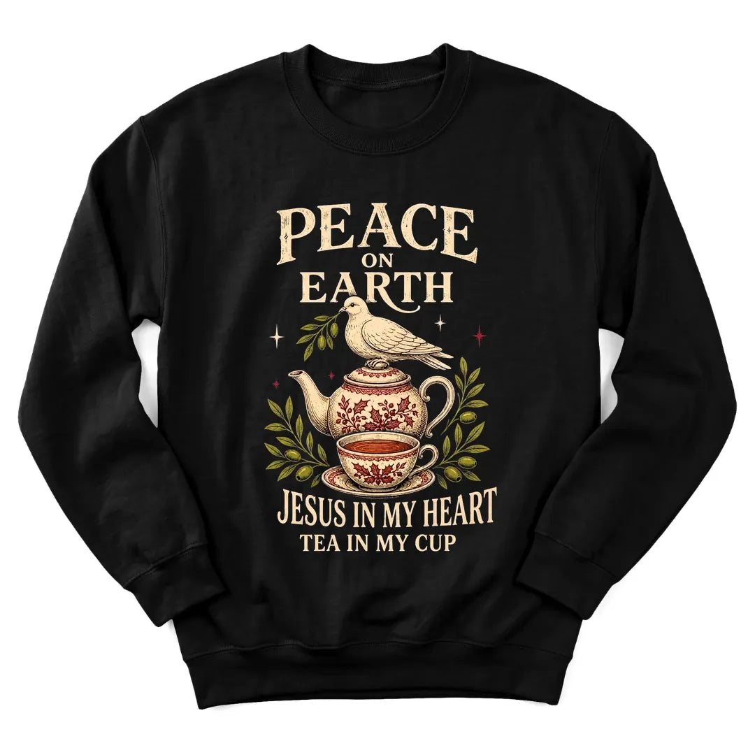 Peace On Earth Christmas sweatshirt with dove and holiday lettering for Christian women - Black