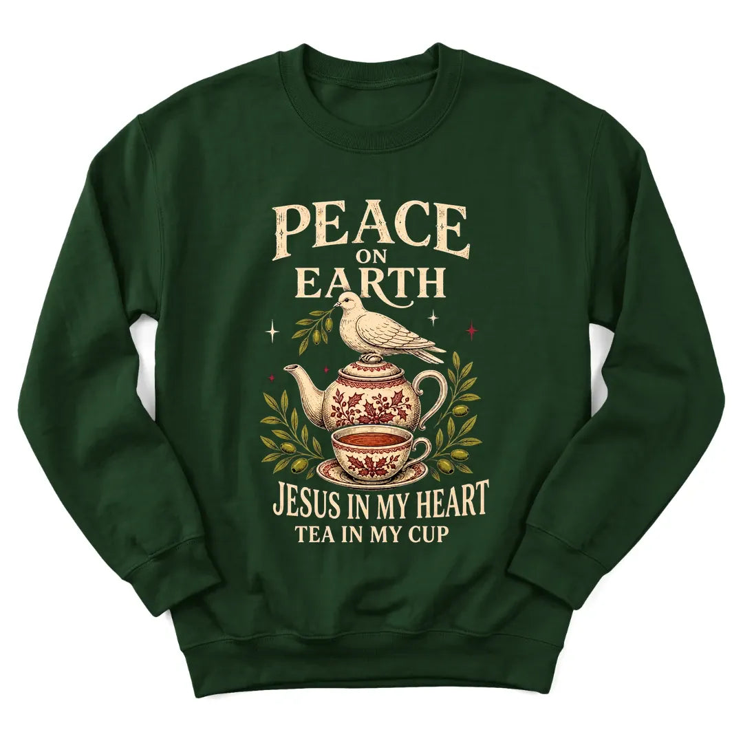 Peace On Earth Christmas sweatshirt with dove and holiday lettering for Christian women - Forest Green