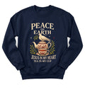 Peace On Earth Christmas sweatshirt with dove and holiday lettering for Christian women - Navy