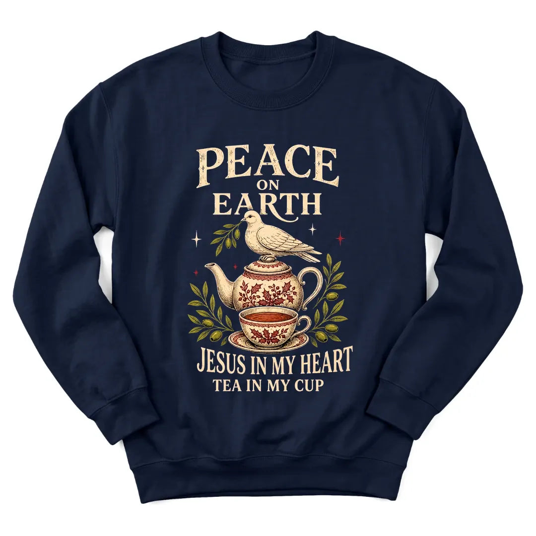 Peace On Earth Christmas sweatshirt with dove and holiday lettering for Christian women - Navy