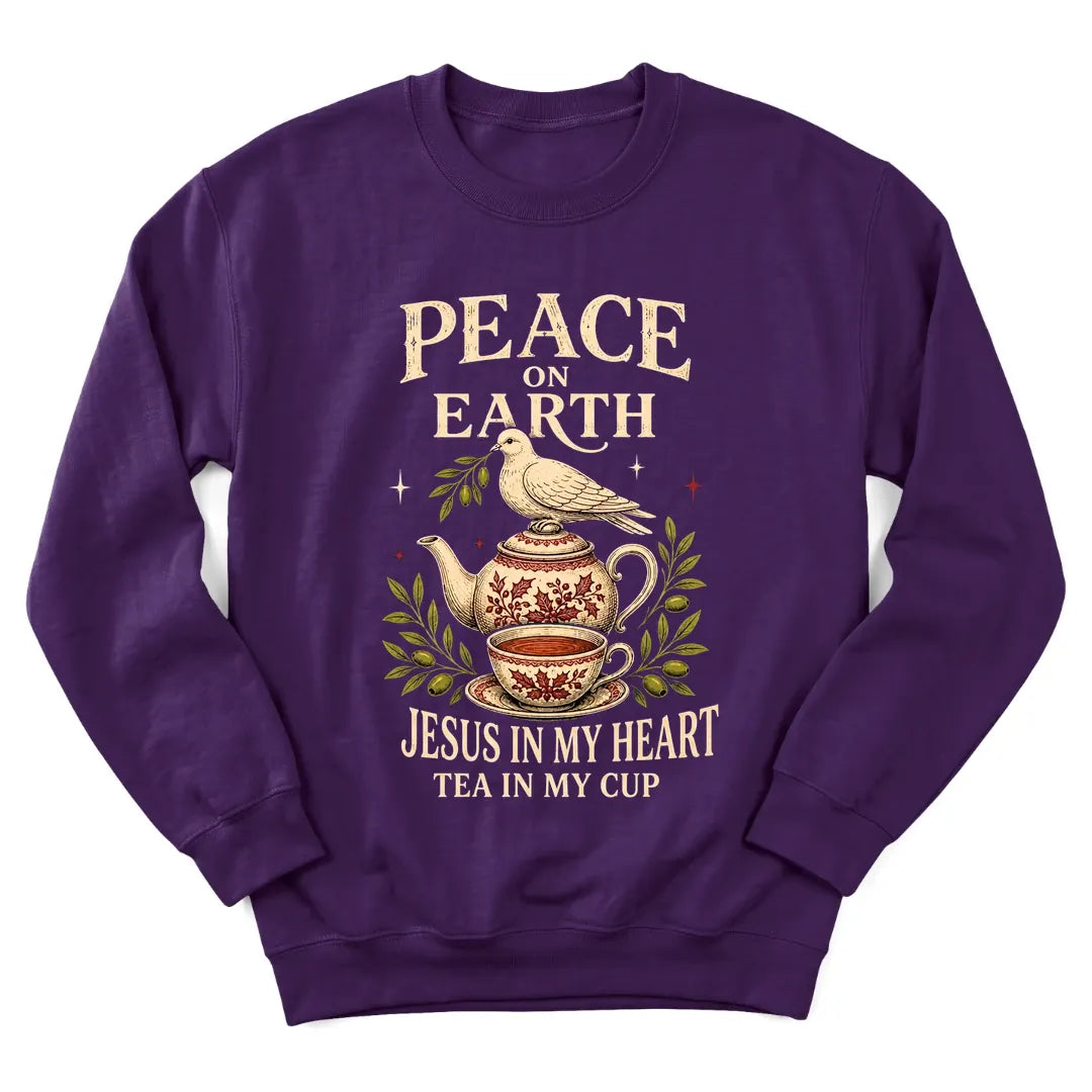 Peace On Earth Christmas sweatshirt with dove and holiday lettering for Christian women - Purple