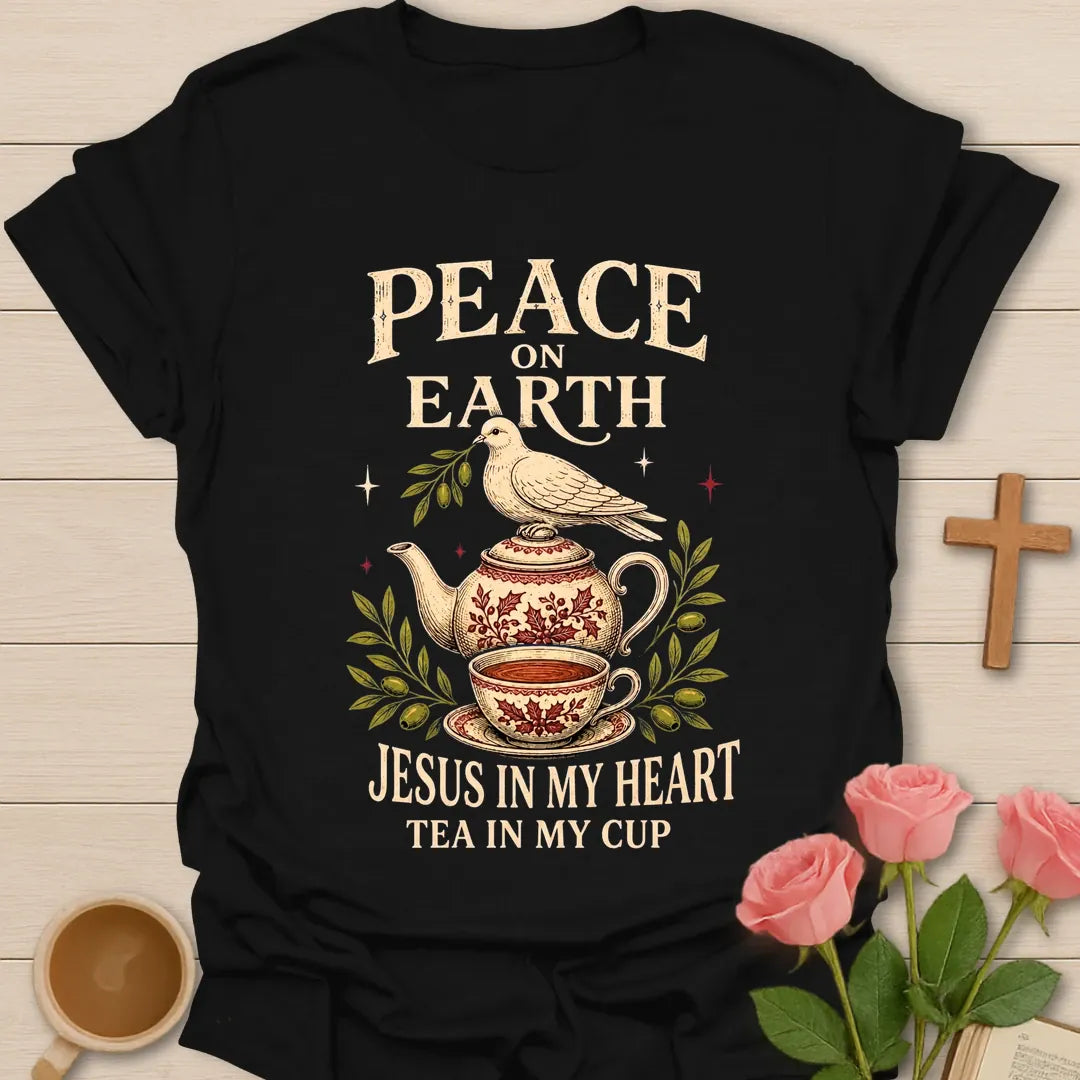 Peace On Earth Christmas shirt with quiet holiday faith lettering - Black