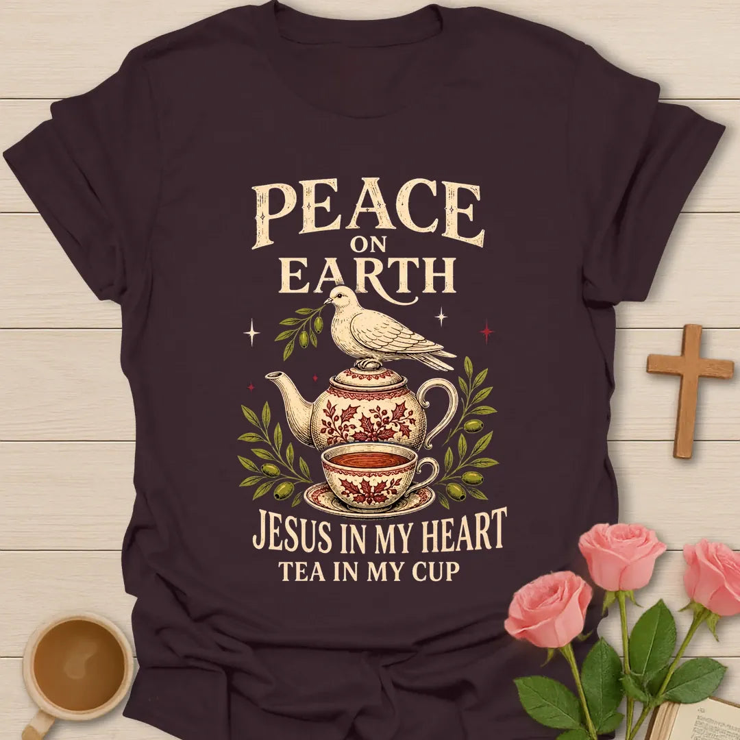 Peace On Earth Christmas shirt with quiet holiday faith lettering - Dark Chocolate