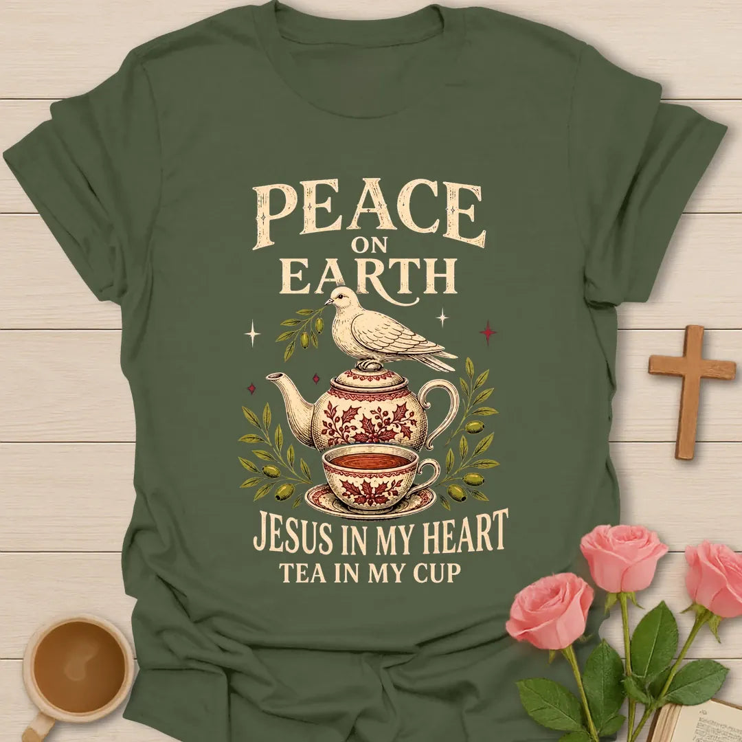 Peace On Earth Christmas shirt with quiet holiday faith lettering - Military Green