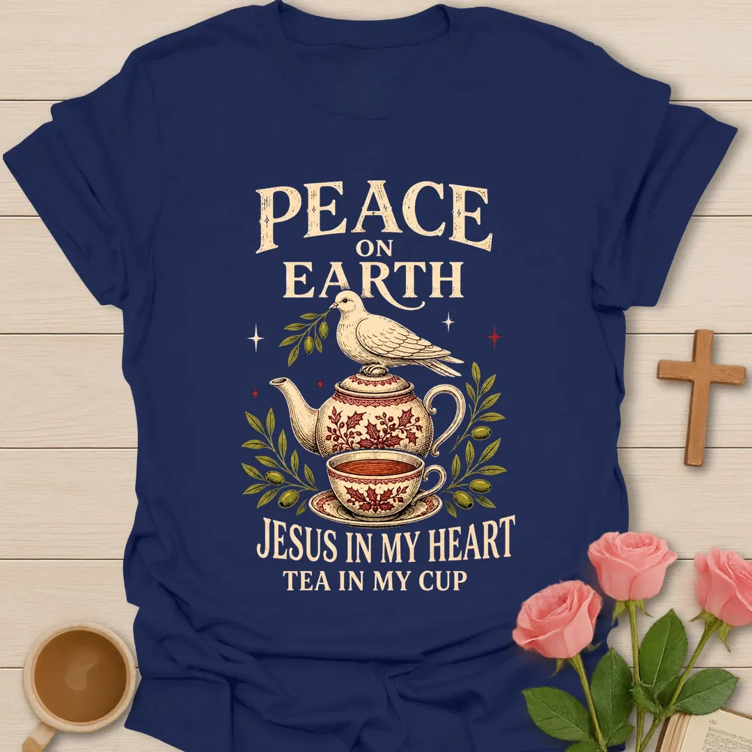Peace On Earth Christmas shirt with quiet holiday faith lettering - Navy