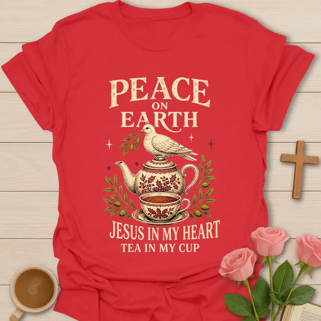 Peace On Earth Christmas shirt with quiet holiday faith lettering - Red