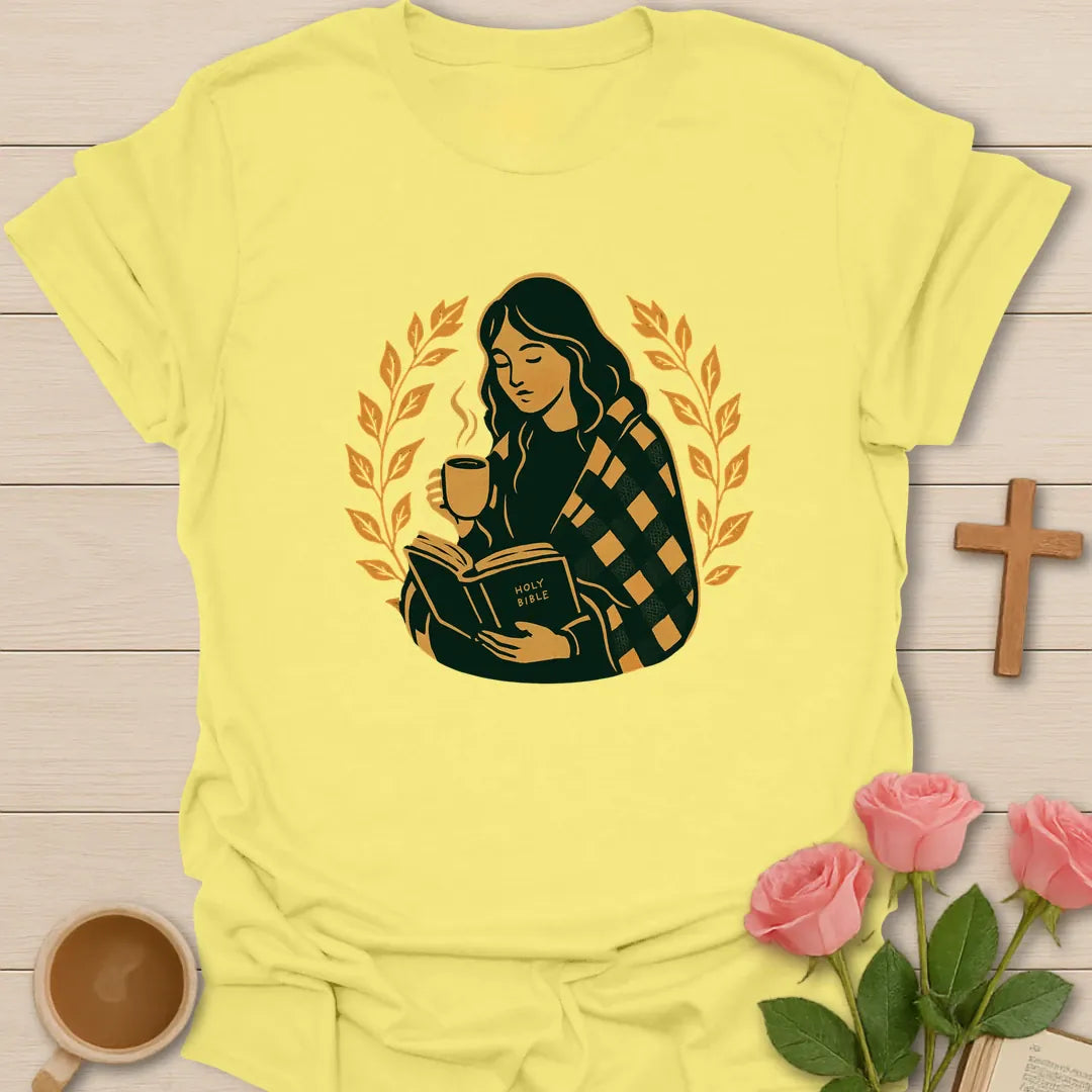 Peace shirt with teacup, dove, and cream vintage lettering. - Cornsilk