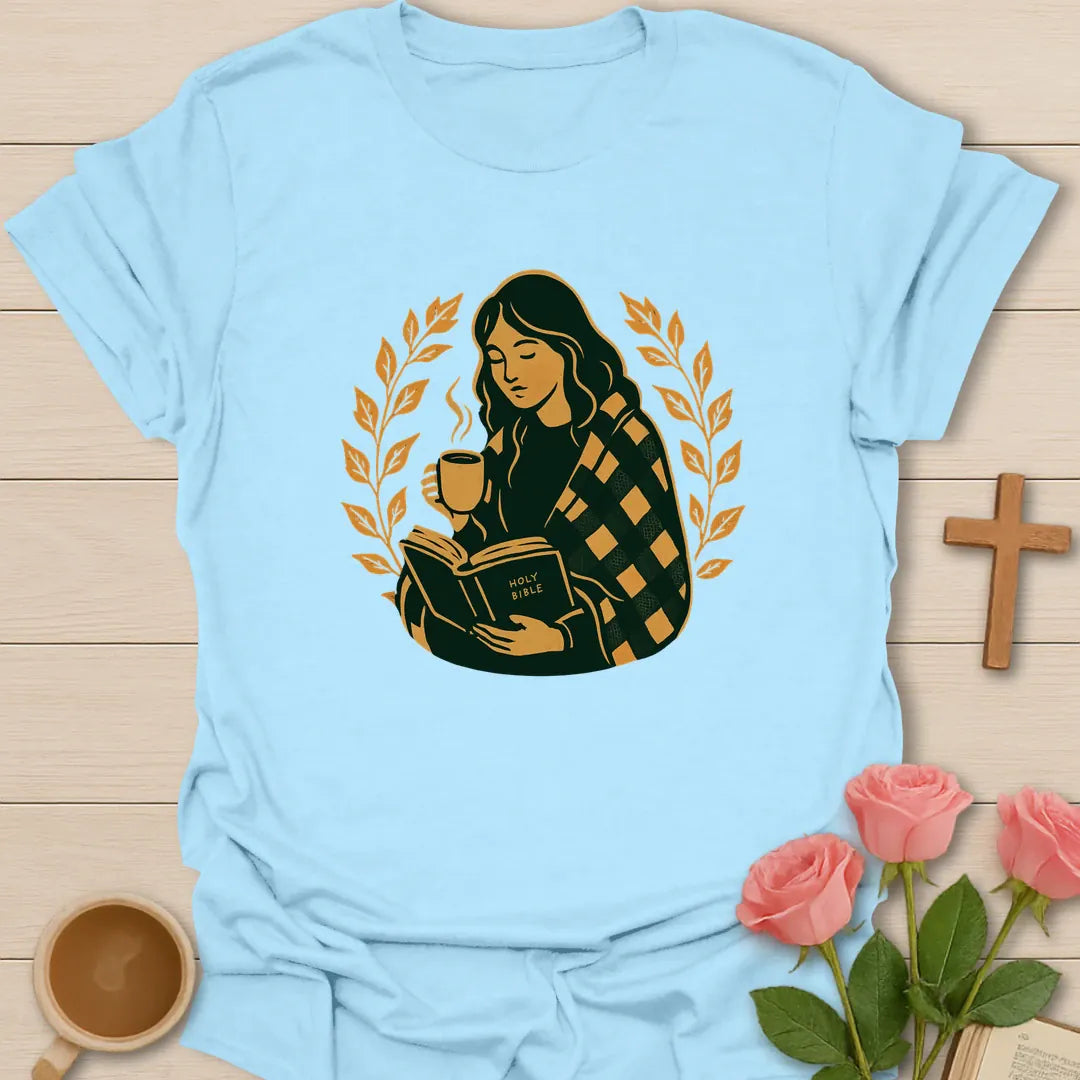Peace shirt with teacup, dove, and cream vintage lettering. - Light Blue