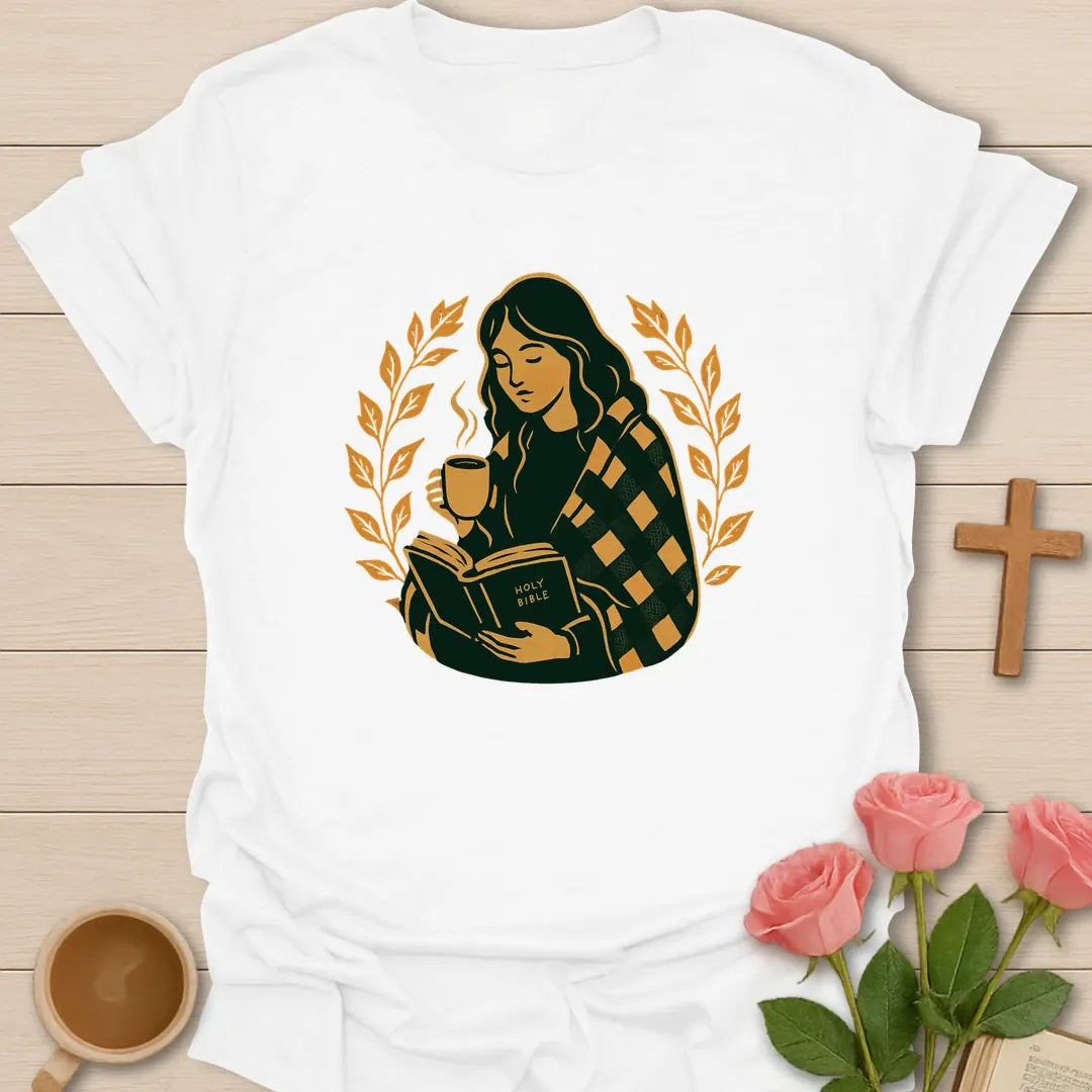 Peace shirt with teacup, dove, and cream vintage lettering. - White