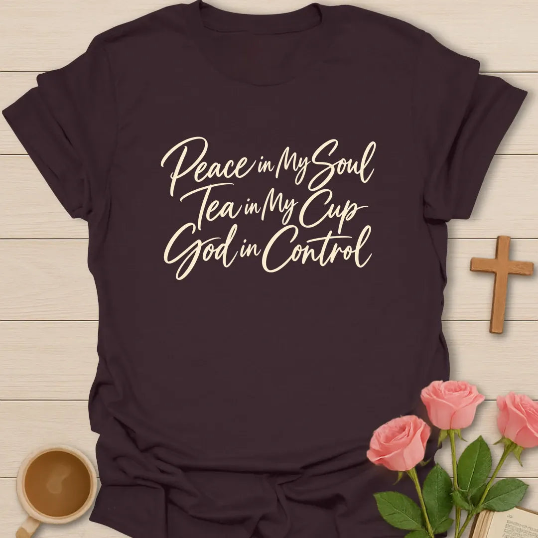 Peace Tea God t-shirt with tea and faith lettering - Dark Chocolate