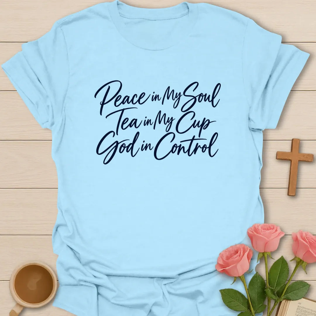 Peace Tea God t-shirt with tea and faith lettering - Light Blue