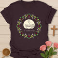 Peace Tea Gratitude and Grace shirt with teacup, wreath, holly berries, snowflakes, and peaceful Christmas design. - Dark Chocolate