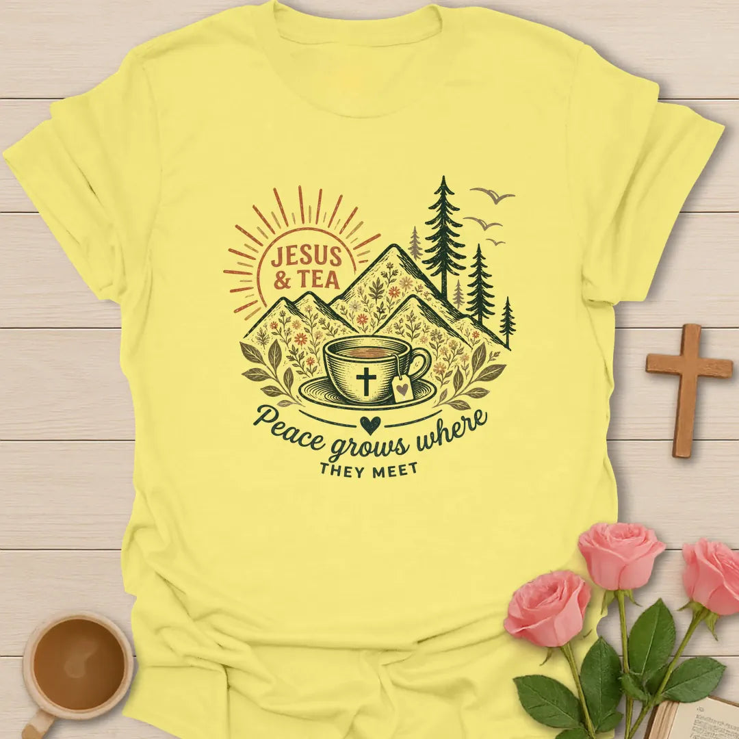 Peace Where They Meet shirt with teacup, cross, and cream vintage lettering. - Cornsilk