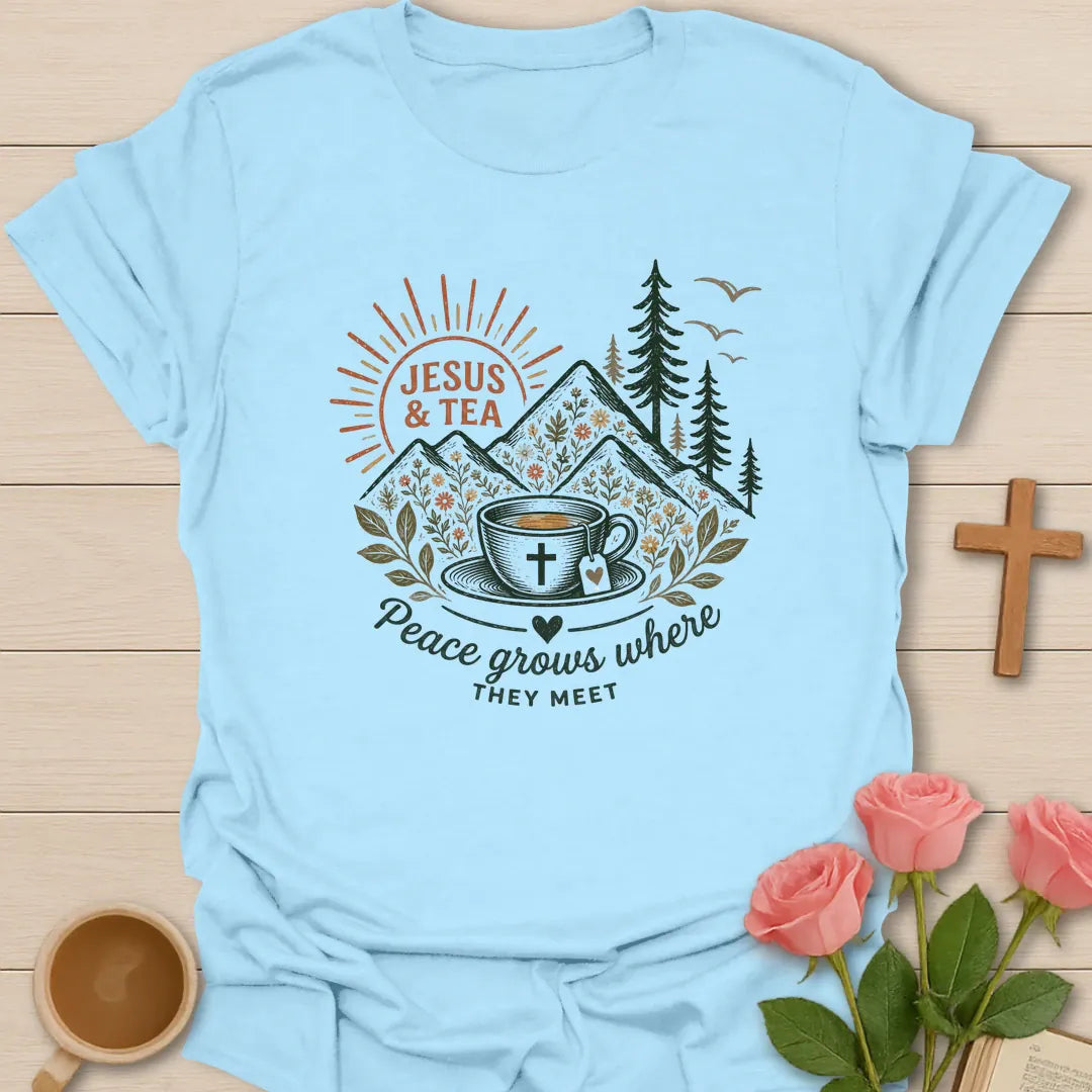 Peace Where They Meet shirt with teacup, cross, and cream vintage lettering. - Light Blue