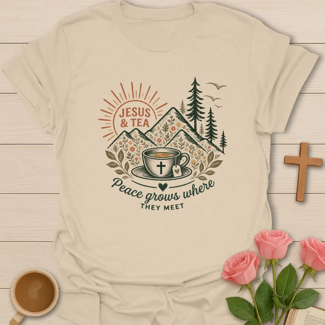 Peace Where They Meet shirt with teacup, cross, and cream vintage lettering. - Sand