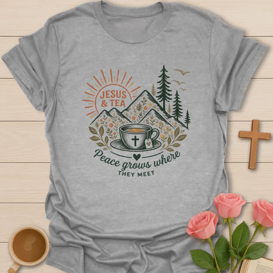 Peace Where They Meet shirt with teacup, cross, and cream vintage lettering. - Sport Grey