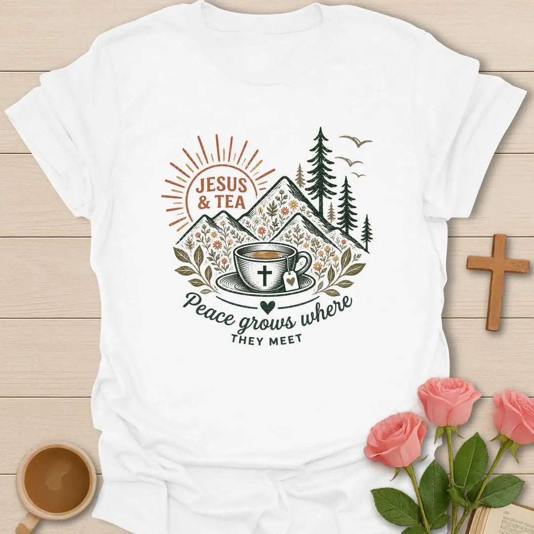 Peace Where They Meet shirt with teacup, cross, and cream vintage lettering. - White