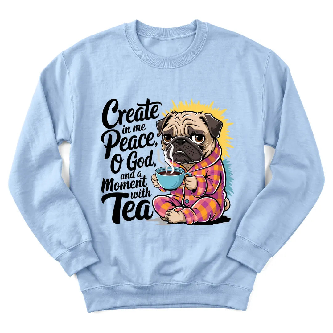 Peaceful Dog Tea sweatshirt with dog resting beside a teacup - Light Blue