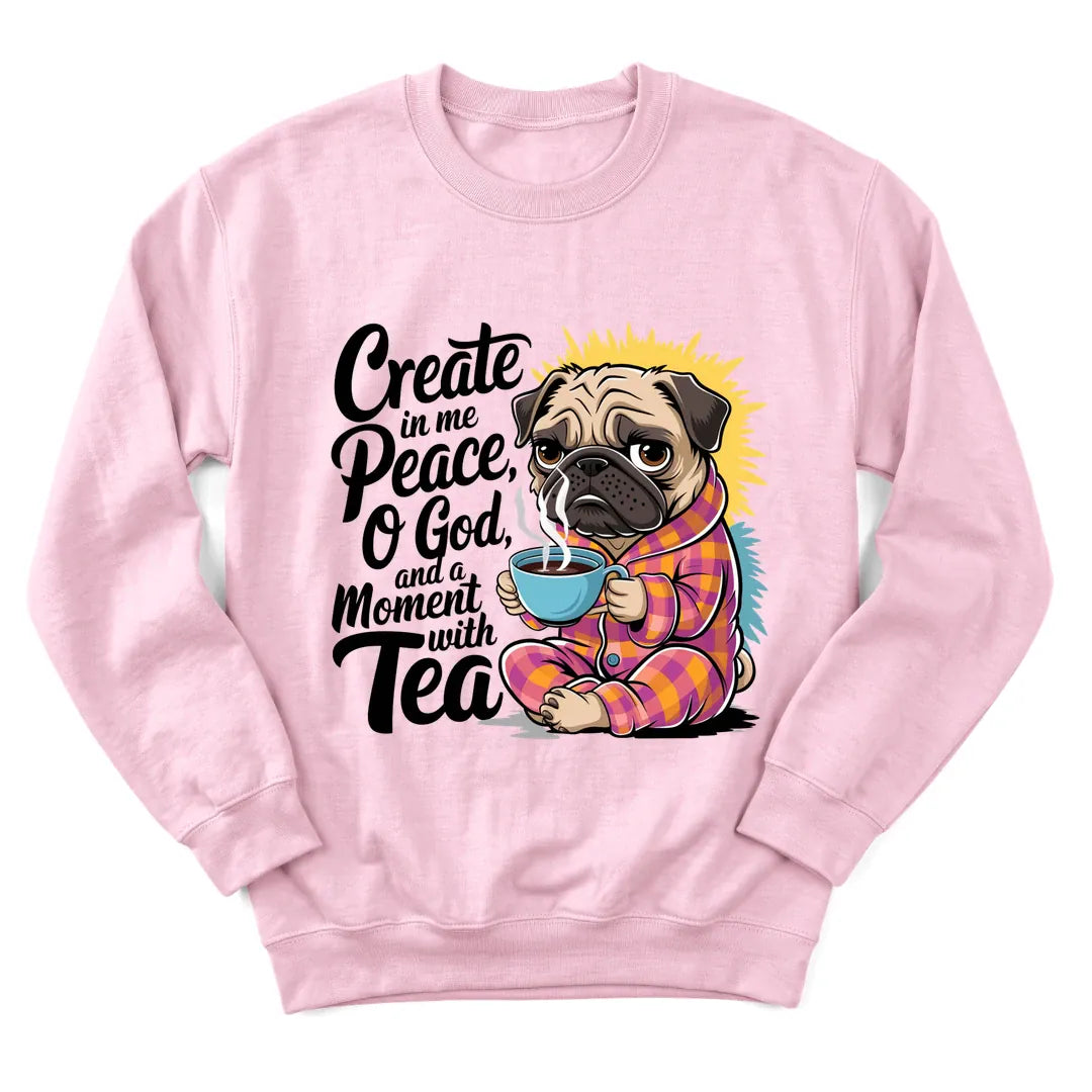 Peaceful Dog Tea sweatshirt with dog resting beside a teacup - Light Pink