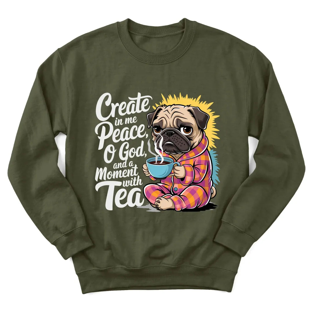 Peaceful Dog Tea sweatshirt with dog resting beside a teacup - Military Green