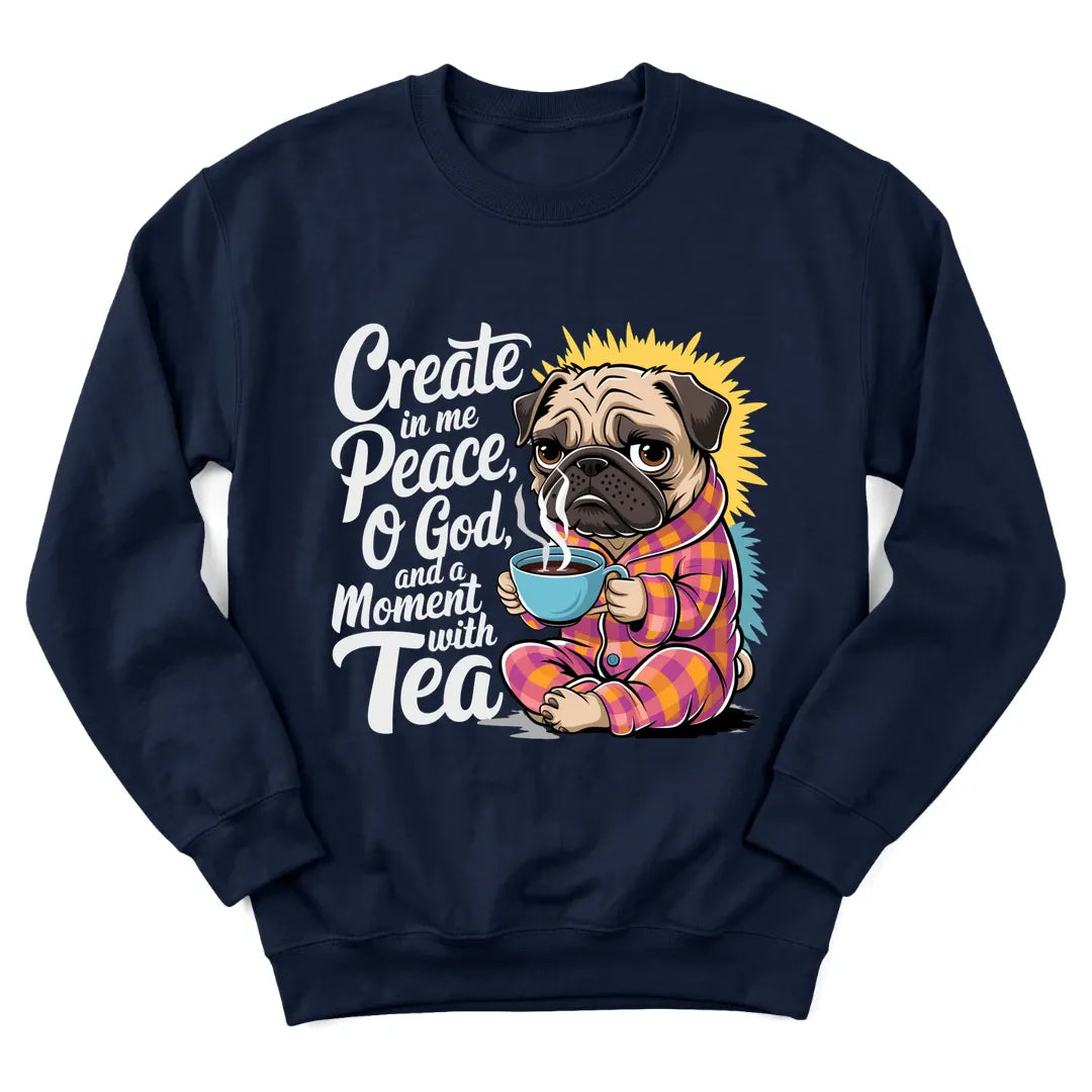 Peaceful Dog Tea sweatshirt with dog resting beside a teacup - Navy