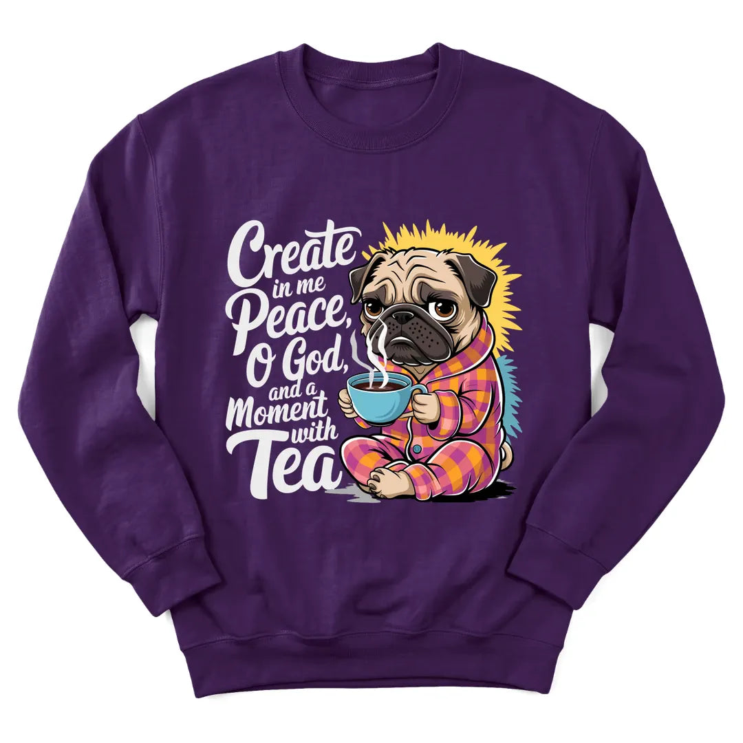 Peaceful Dog Tea sweatshirt with dog resting beside a teacup - Purple
