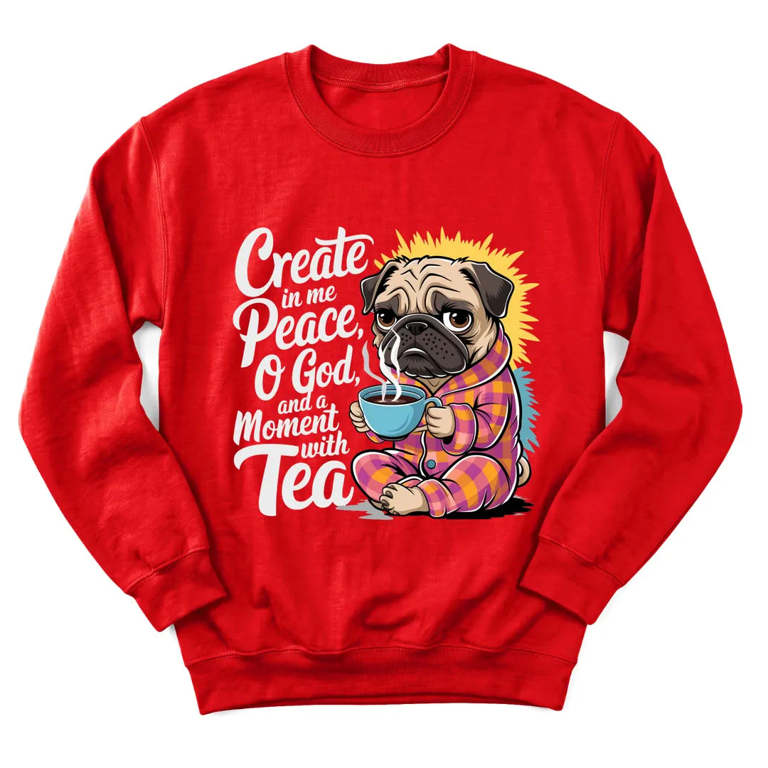 Peaceful Dog Tea sweatshirt with dog resting beside a teacup - Red
