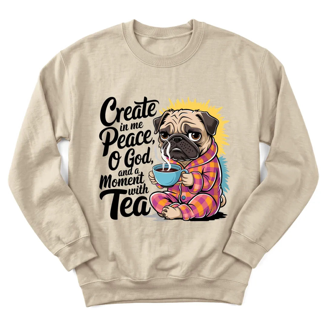 Peaceful Dog Tea sweatshirt with dog resting beside a teacup - Sand