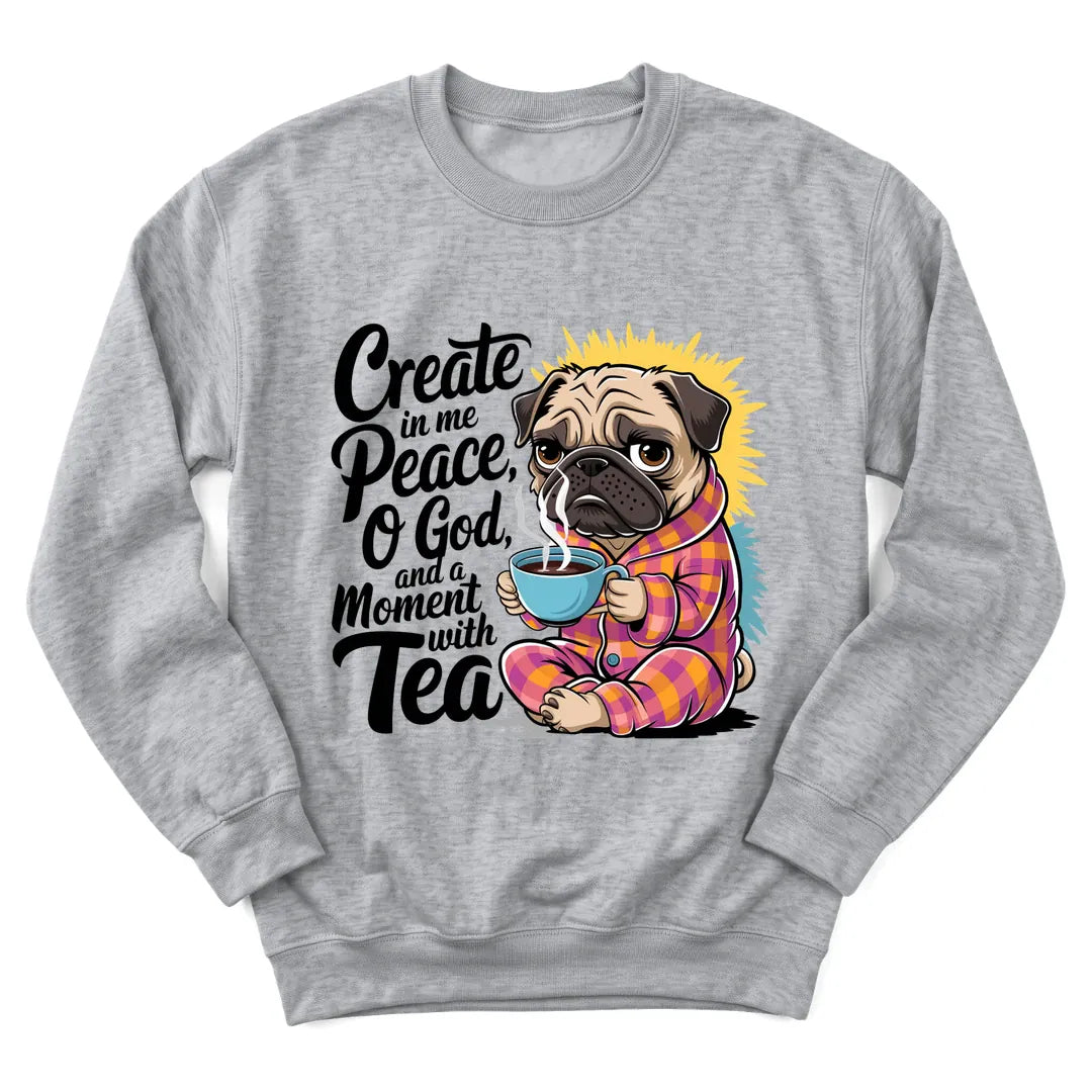 Peaceful Dog Tea sweatshirt with dog resting beside a teacup - Sport Grey