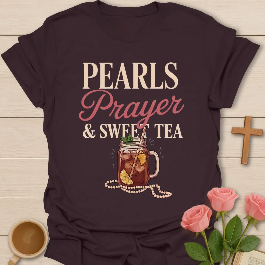 Pearls Prayer and Sweet Tea Christian t-shirt with a mason jar of lemon iced tea draped in a strand of pearls - Dark Chocolate