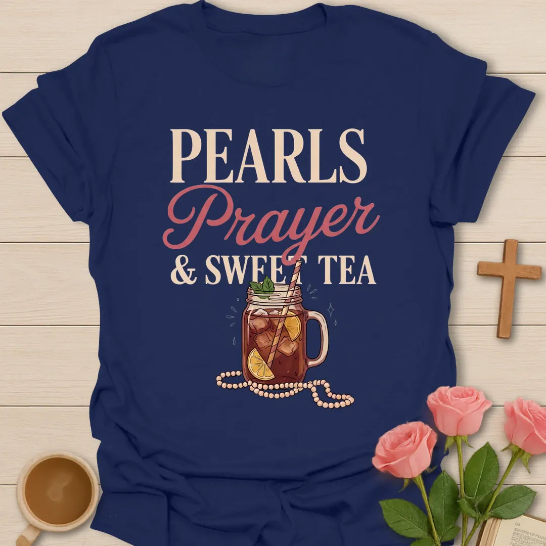 Pearls Prayer and Sweet Tea Christian t-shirt with a mason jar of lemon iced tea draped in a strand of pearls - Navy
