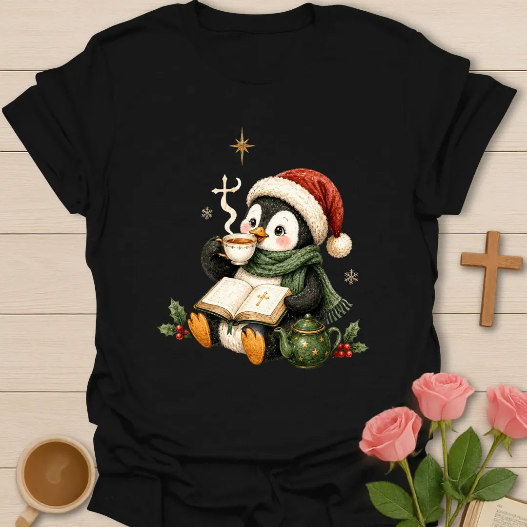 Penguin Christmas Tea shirt with a cozy penguin and warm cup - Black