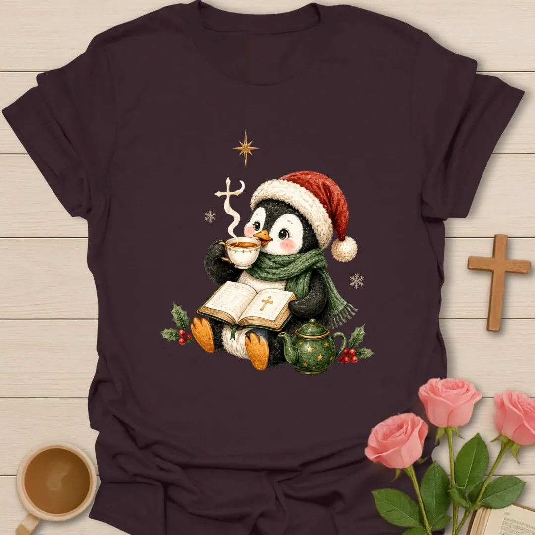 Penguin Christmas Tea shirt with a cozy penguin and warm cup - Dark Chocolate