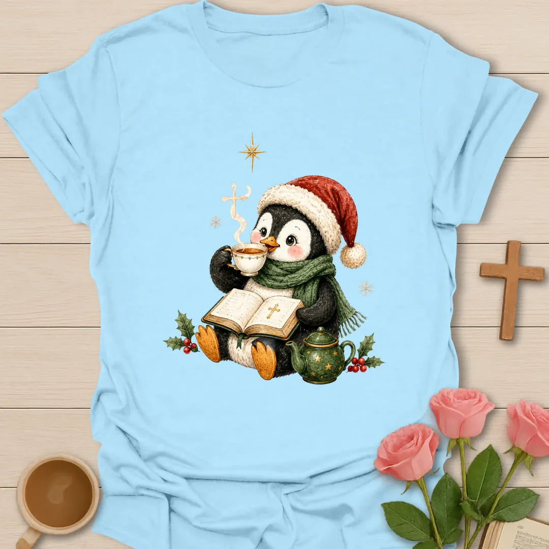 Penguin Christmas Tea shirt with a cozy penguin and warm cup - Light Blue