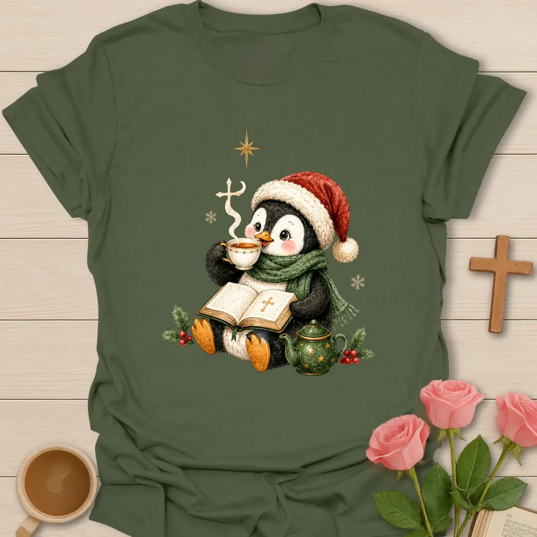Penguin Christmas Tea shirt with a cozy penguin and warm cup - Military Green