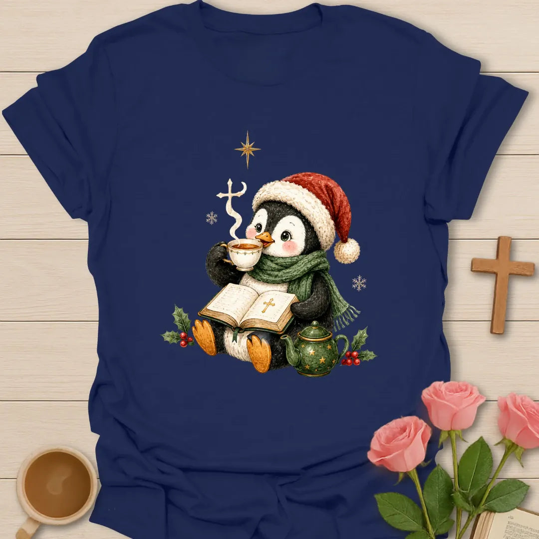 Penguin Christmas Tea shirt with a cozy penguin and warm cup - Navy