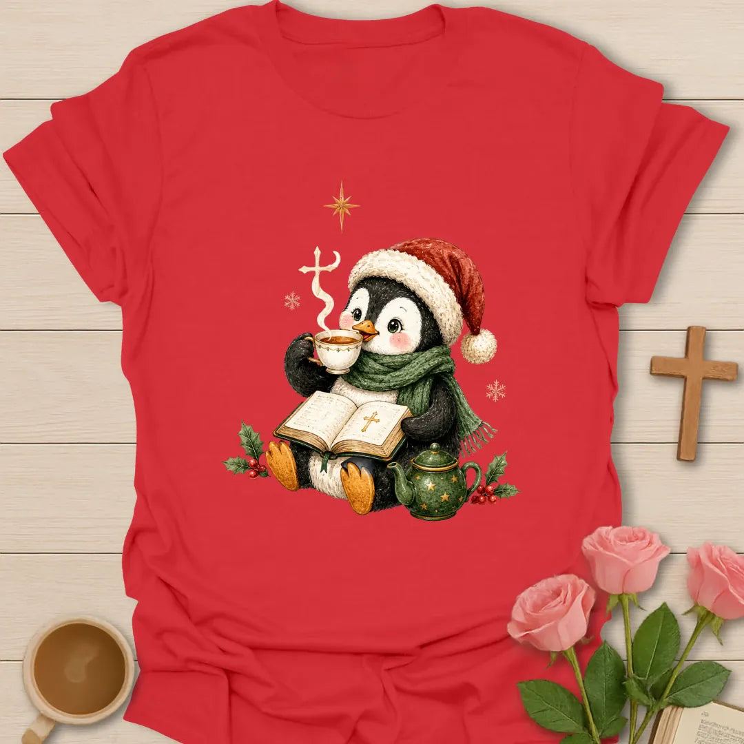 Penguin Christmas Tea shirt with a cozy penguin and warm cup - Red