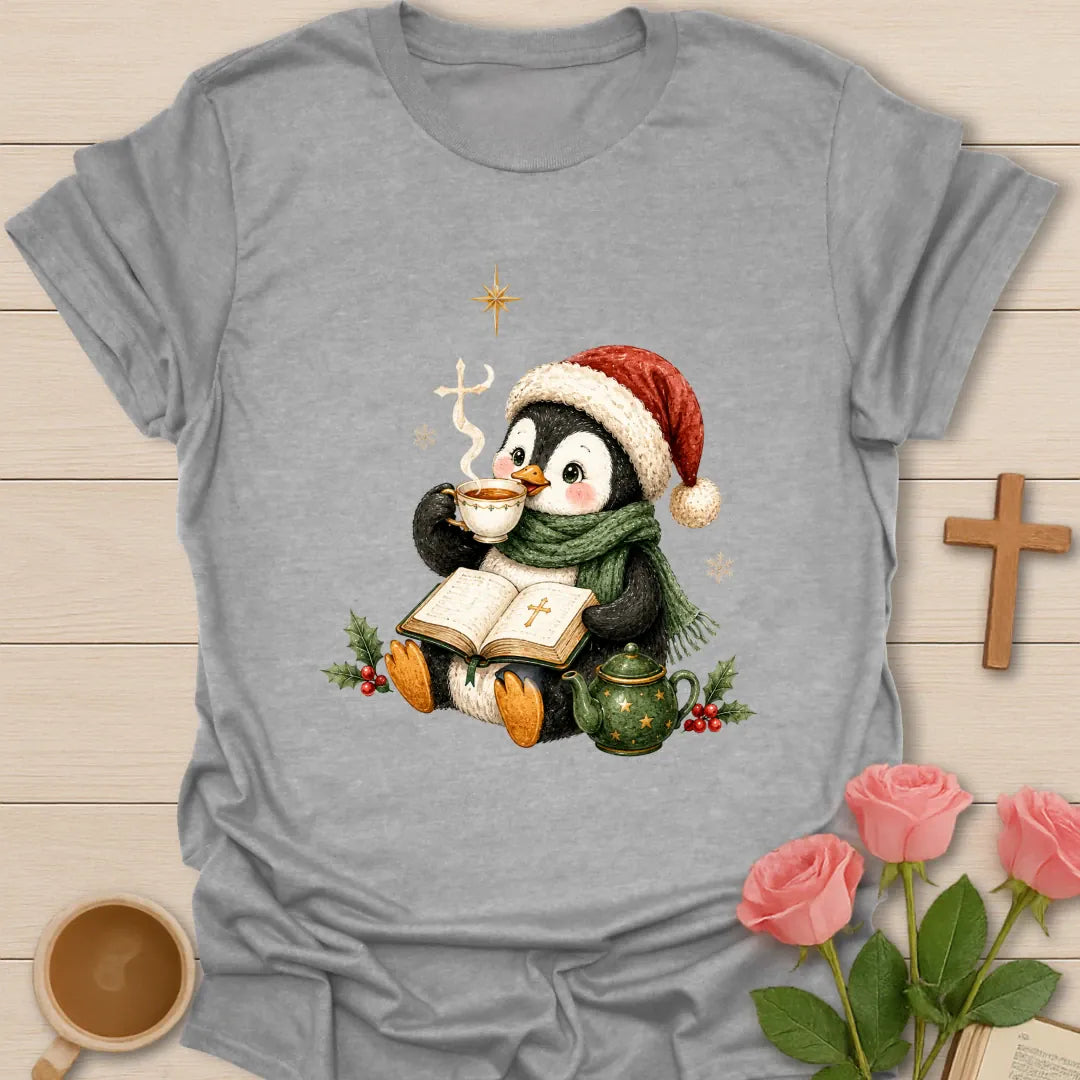 Penguin Christmas Tea shirt with a cozy penguin and warm cup - Sport Grey
