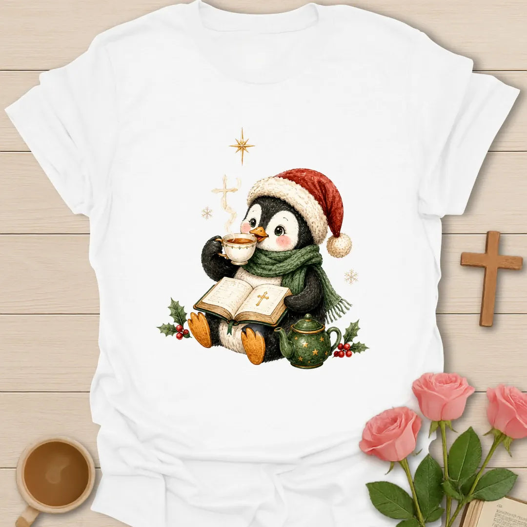 Penguin Christmas Tea shirt with a cozy penguin and warm cup - White