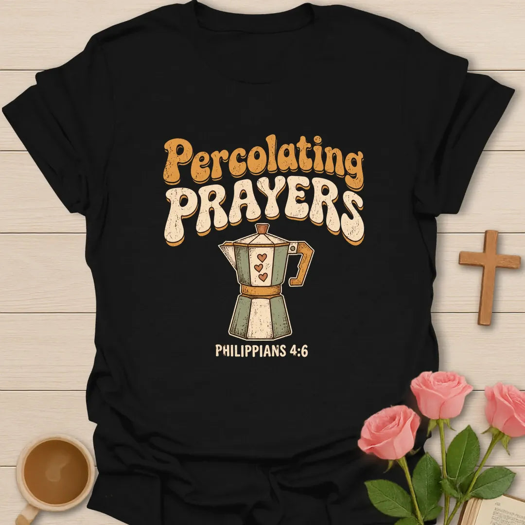Percolating Prayers retro Christian t-shirt with a sage stovetop coffee percolator with hearts and Philippians 4:6 - Black