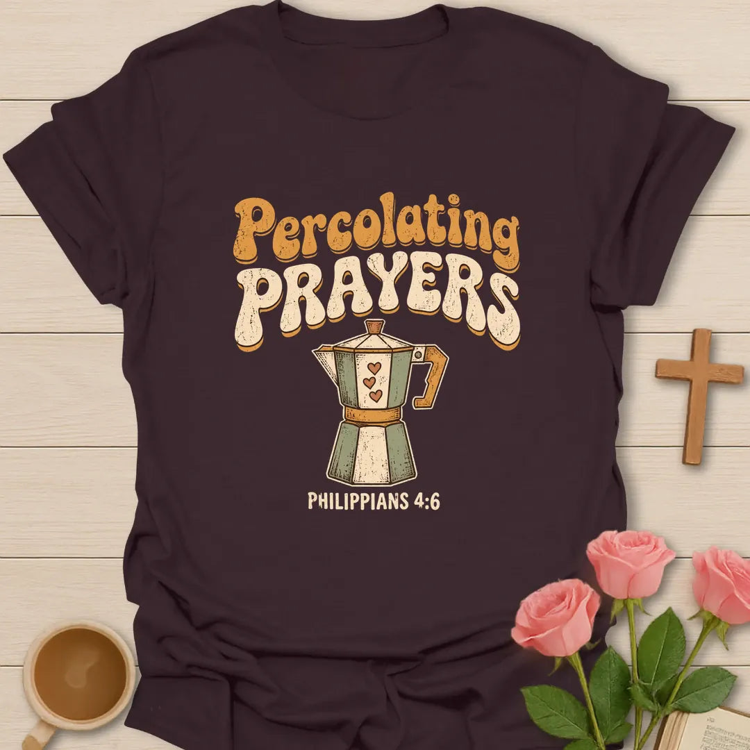 Percolating Prayers retro Christian t-shirt with a sage stovetop coffee percolator with hearts and Philippians 4:6 - Dark Chocolate