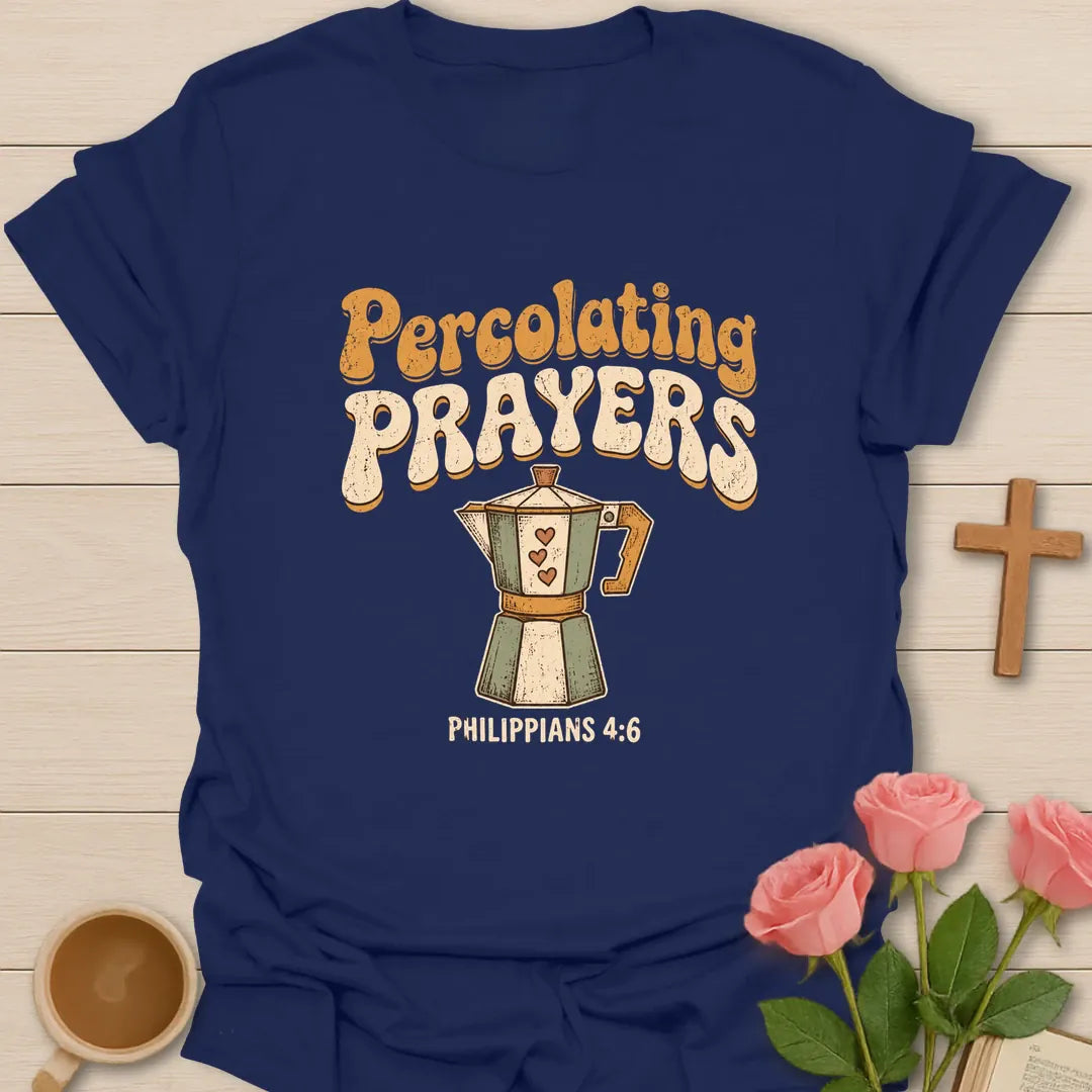 Percolating Prayers retro Christian t-shirt with a sage stovetop coffee percolator with hearts and Philippians 4:6 - Navy