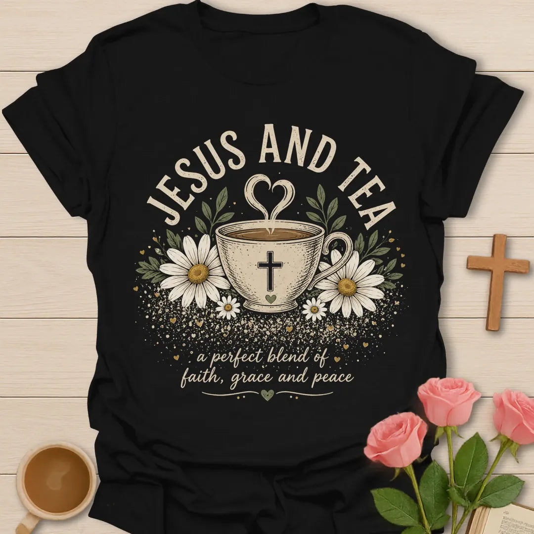 Jesus and Tea shirt with cream teacup, cross, daisies, leaves, heart-shaped steam, and perfect blend of faith grace and peace text. - Black