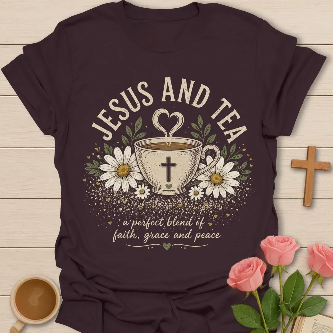 Jesus and Tea shirt with cream teacup, cross, daisies, leaves, heart-shaped steam, and perfect blend of faith grace and peace text. - Dark Chocolate