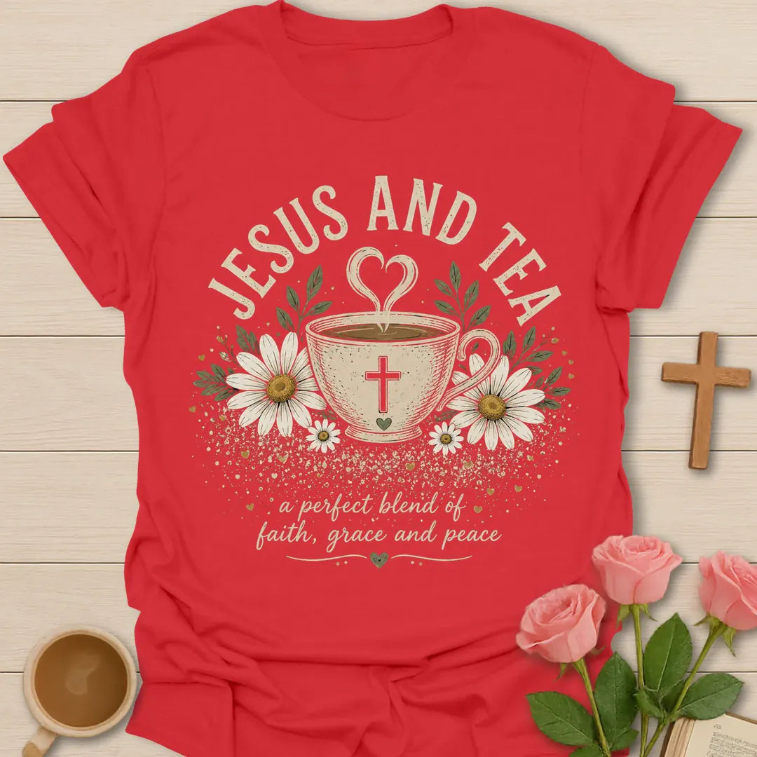 Jesus and Tea shirt with cream teacup, cross, daisies, leaves, heart-shaped steam, and perfect blend of faith grace and peace text. - Red
