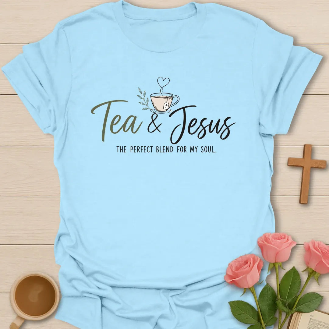 Perfect Blend For The Soul shirt with teacup, cross, and cream vintage lettering. - Light Blue