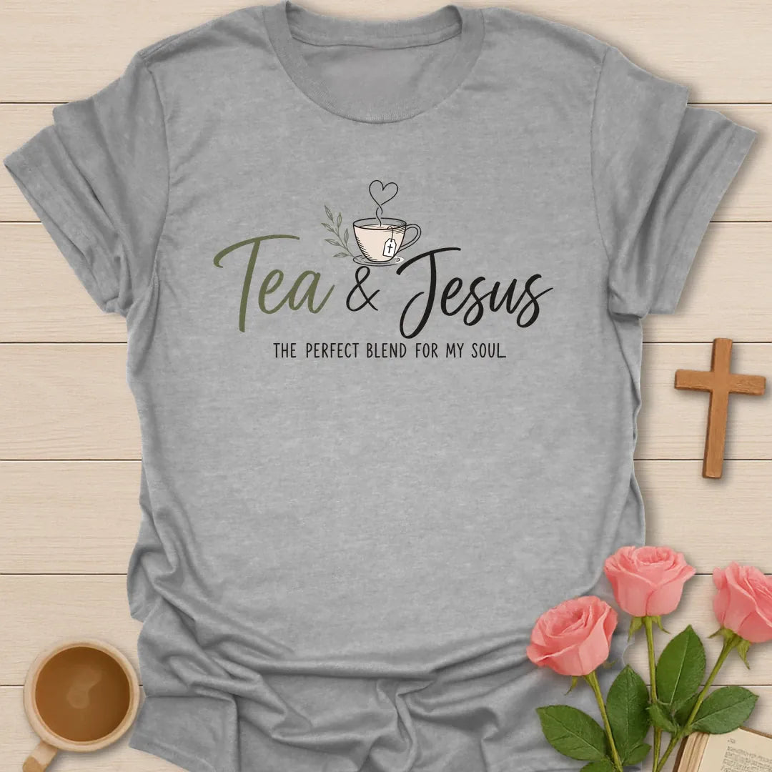 Perfect Blend For The Soul shirt with teacup, cross, and cream vintage lettering. - Sport Grey