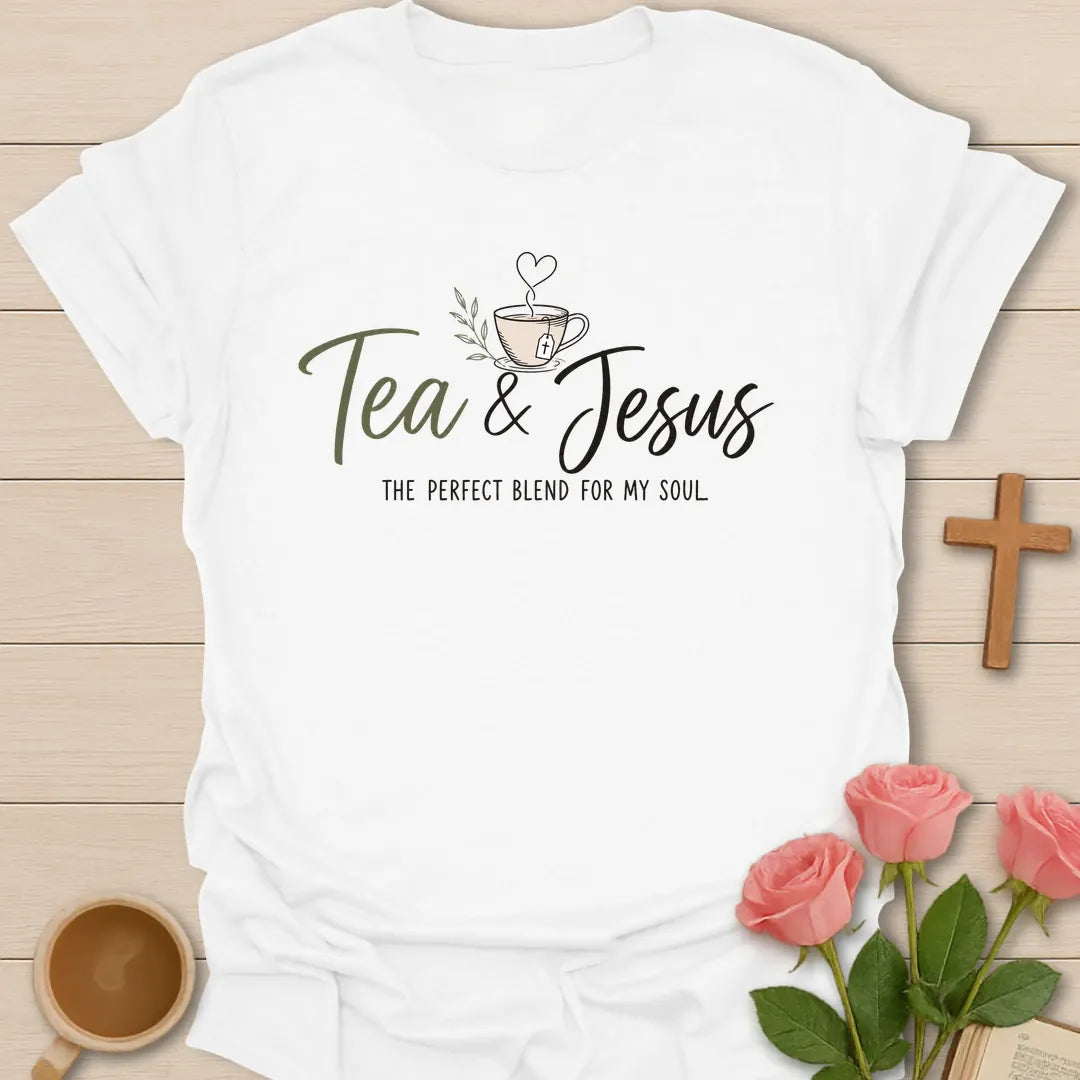 Perfect Blend For The Soul shirt with teacup, cross, and cream vintage lettering. - White